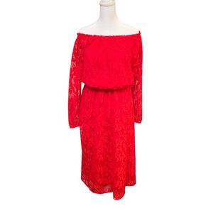 Women’s red dress, NINE WEST size 10 festive lace overlay 3/4 length sleeve